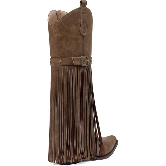 Women's Light Brown Western Fringe Cowgirl Boots Side Zipper Block Chunky Heel - Picture 4 of 6